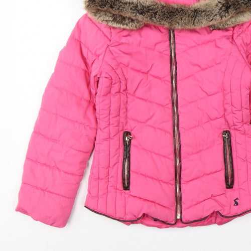 Joules Girls Pink 9-10 Years Hooded Puffer Jacket Faux Fur Trim