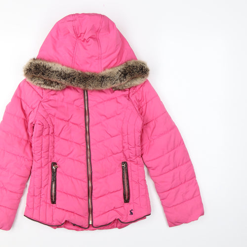 Joules Girls Pink 9-10 Years Hooded Puffer Jacket Faux Fur Trim