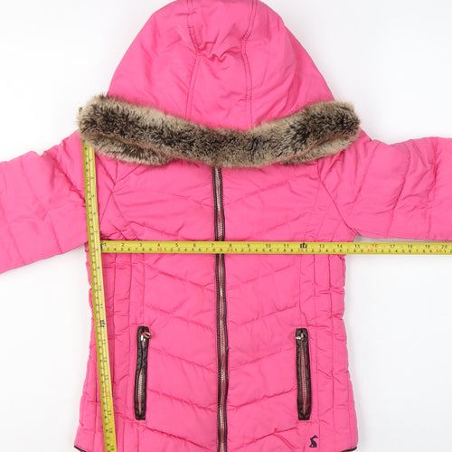 Joules Girls Pink 9-10 Years Hooded Puffer Jacket Faux Fur Trim