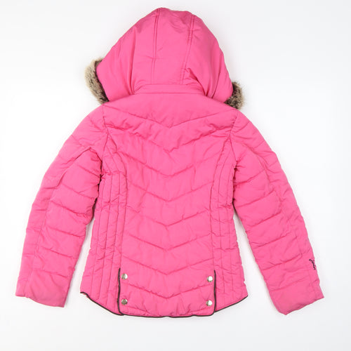 Joules Girls Pink 9-10 Years Hooded Puffer Jacket Faux Fur Trim