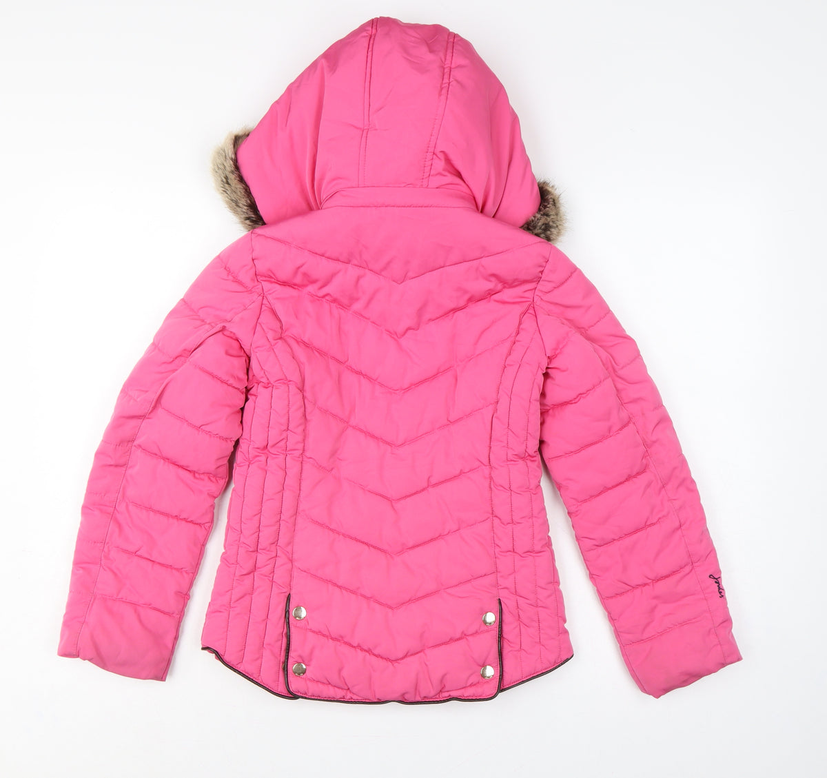 Joules Girls Pink 9-10 Years Hooded Puffer Jacket Faux Fur Trim