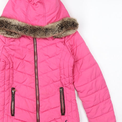 Joules Girls Pink 9-10 Years Hooded Puffer Jacket Faux Fur Trim