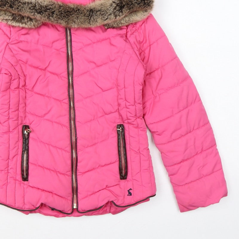 Joules Girls Pink 9-10 Years Hooded Puffer Jacket Faux Fur Trim