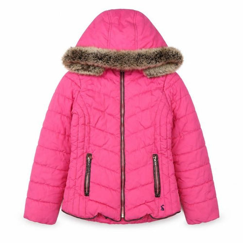 Joules Girls Pink 9-10 Years Hooded Puffer Jacket Faux Fur Trim