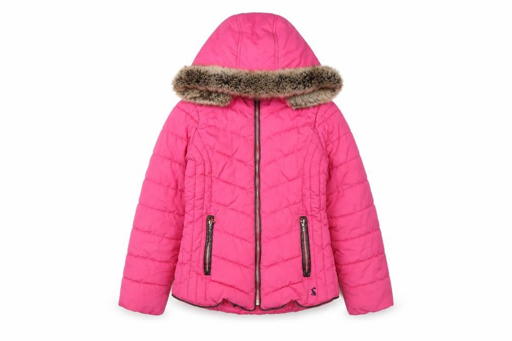 Joules Girls Pink 9-10 Years Hooded Puffer Jacket Faux Fur Trim