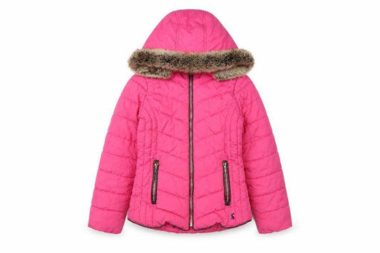 Joules Girls Pink 9-10 Years Hooded Puffer Jacket Faux Fur Trim
