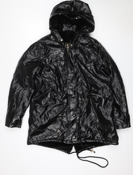 Amylum Women Black Size 14 Hooded Faux Leather Parka Jacket