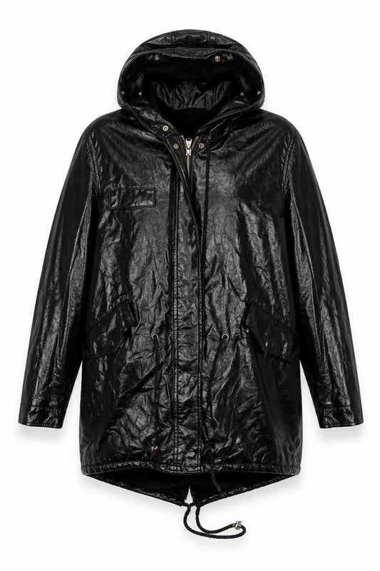 Amylum Women Black Size 14 Hooded Faux Leather Parka Jacket
