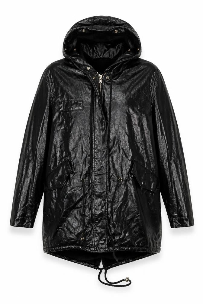 Amylum Women Black Size 14 Hooded Faux Leather Parka Jacket