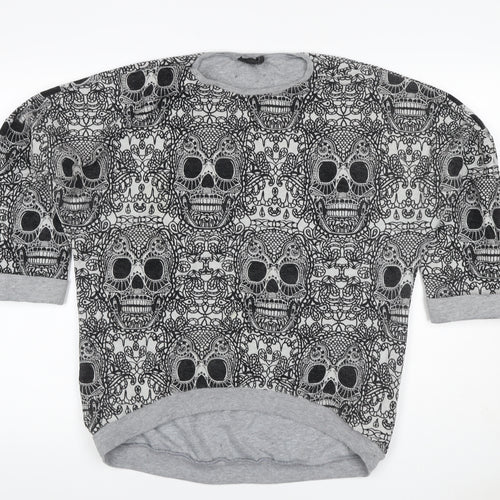 Topshop Women Grey Skull Print 3/4 Sleeve Pullover Sweatshirt UK 12