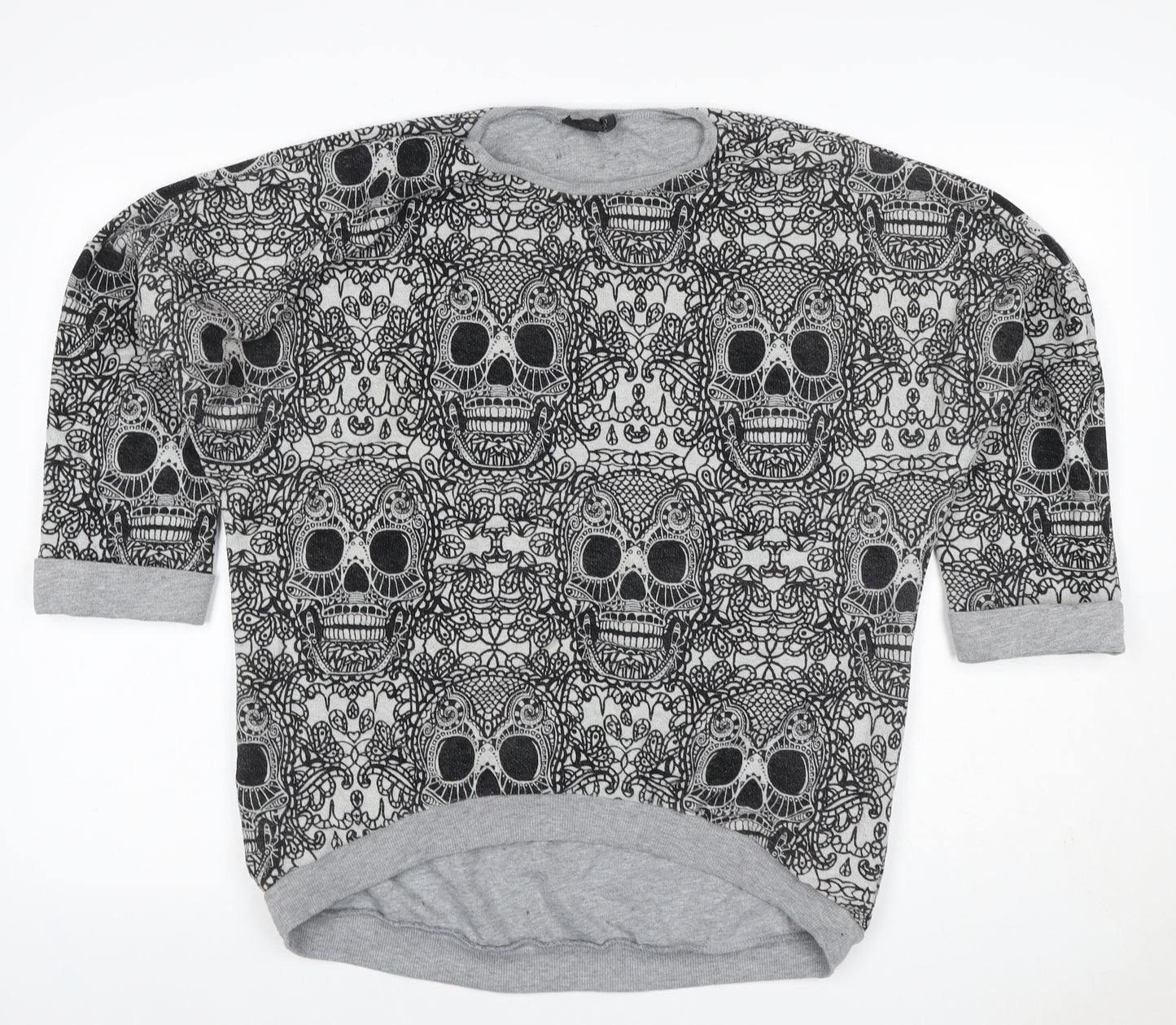 Topshop Women Grey Skull Print 3/4 Sleeve Pullover Sweatshirt UK 12