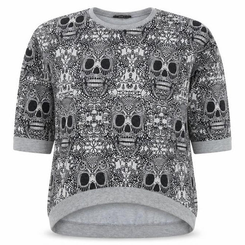 Topshop Women Grey Skull Print 3/4 Sleeve Pullover Sweatshirt UK 12