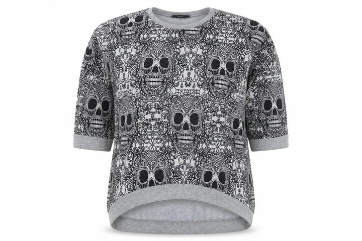 Topshop Women Grey Skull Print 3/4 Sleeve Pullover Sweatshirt UK 12