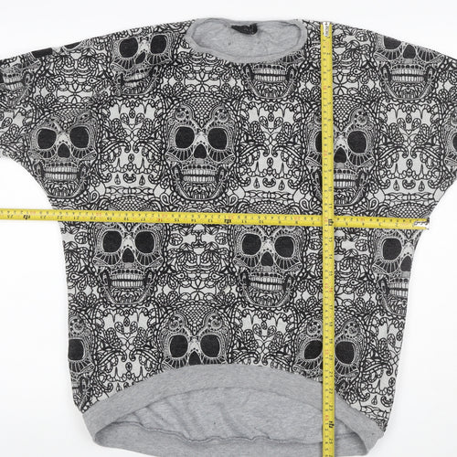 Topshop Women Grey Skull Print 3/4 Sleeve Pullover Sweatshirt UK 12