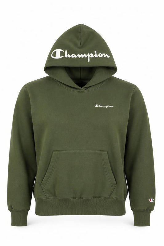 Front view of Champion Women’s Green Small Pullover Logo Hoodie Fleece Pocket