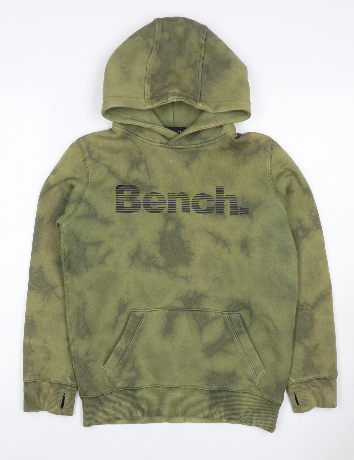 Back view of Bench. boys’ green tie dye logo pullover hoodie age 11-12 years