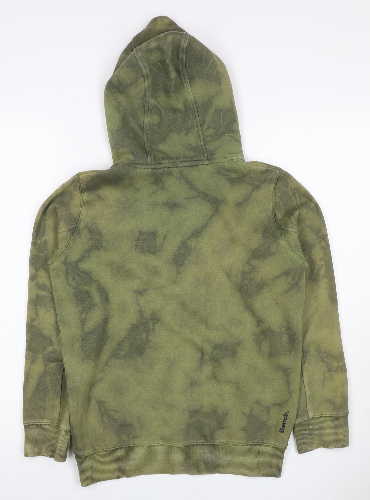 Close-up detail of Bench. boys’ green tie dye logo pullover hoodie age 11-12 years