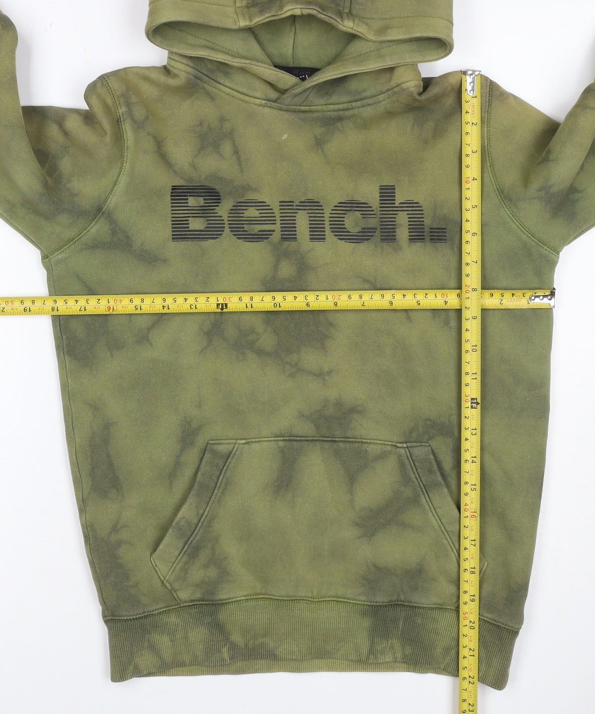Brand and care label for Bench. boys’ green tie dye logo pullover hoodie age 11-12 years