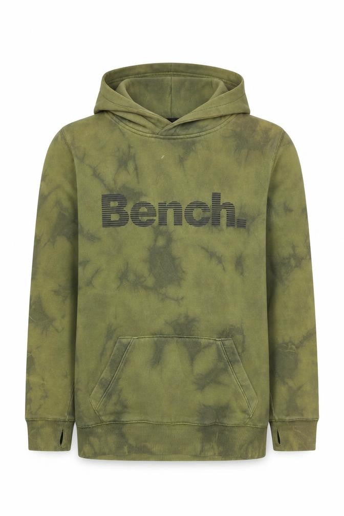 Front view of Bench. boys’ green tie dye logo pullover hoodie age 11-12 years