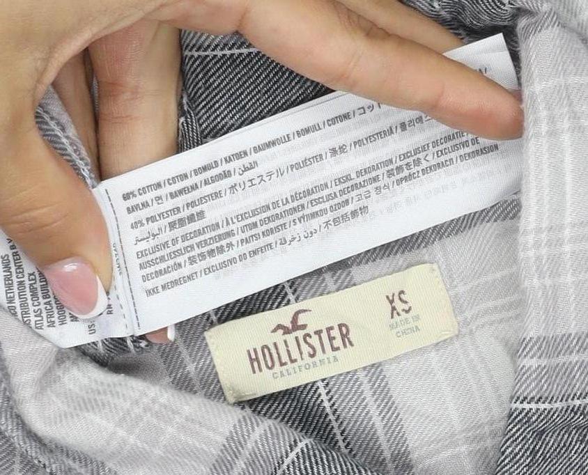 Hollister Men’s Grey Plaid Cotton Button-Up Shirt XS Long Sleeve