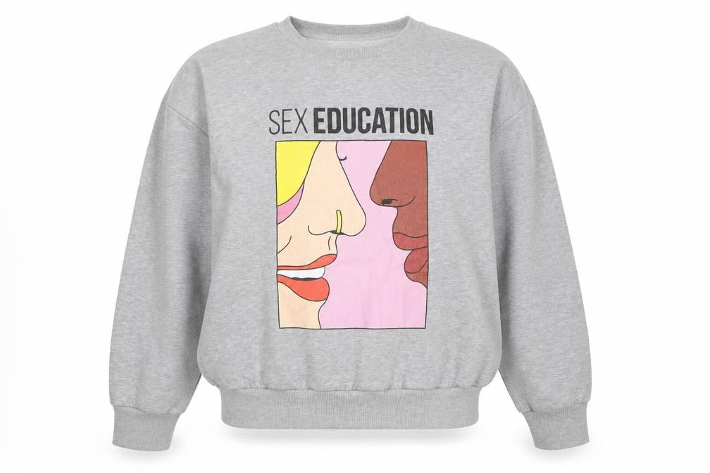 Front view of Primark Women Grey M Sex Education Graphic Print Pullover Sweatshirt