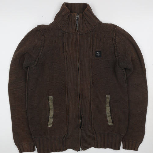 Firetrap Men's Brown S Full Zip High Neck Cotton Knit Jumper