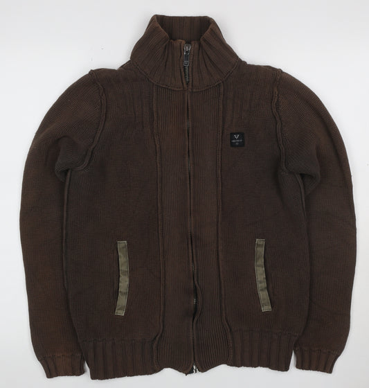 Firetrap Men's Brown S Full Zip High Neck Cotton Knit Jumper