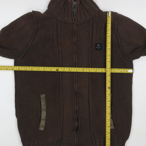 Firetrap Men's Brown S Full Zip High Neck Cotton Knit Jumper