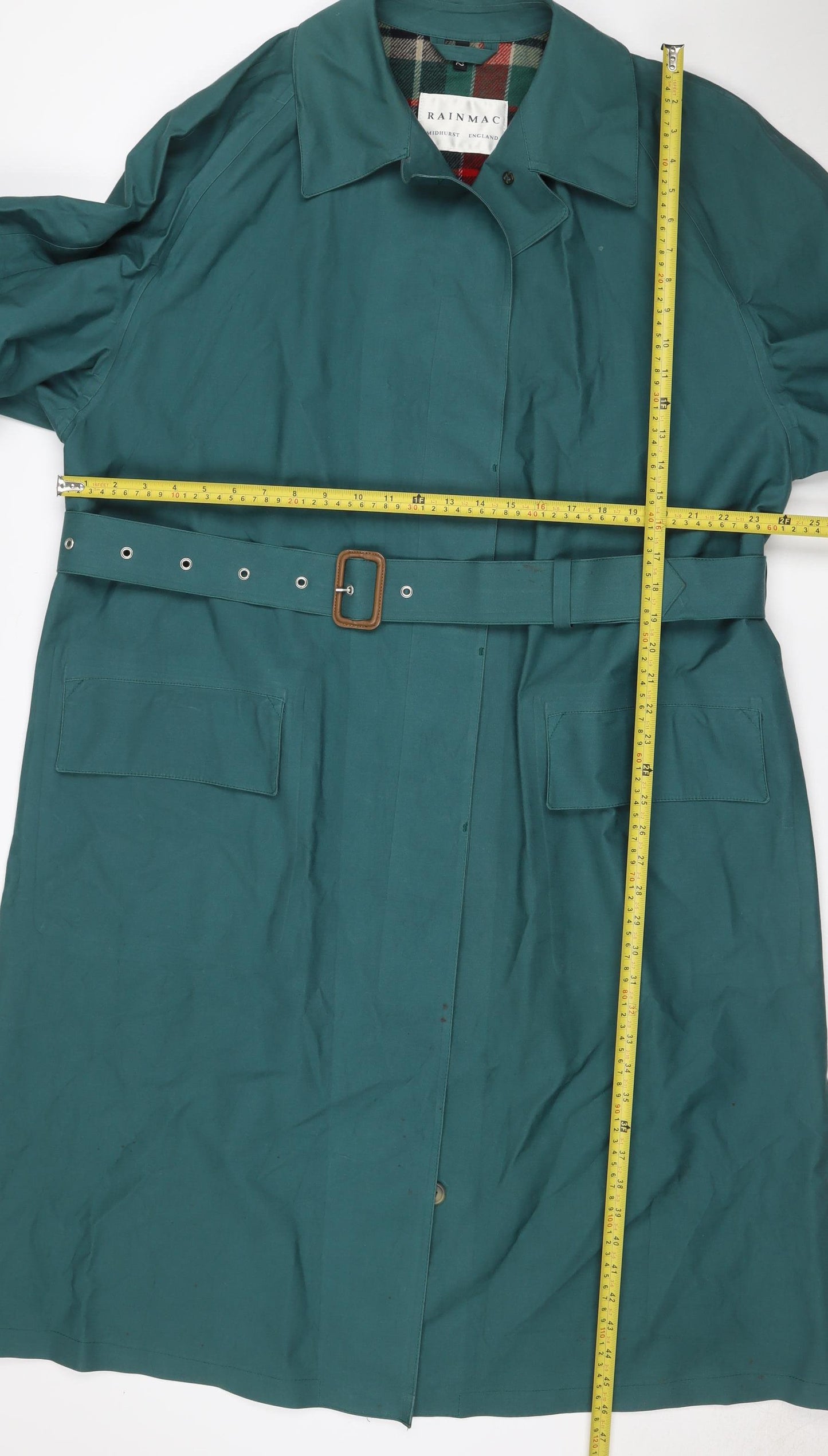 Rainmac Women’s Green Size 12 Belted Long Rain Coat Plaid Lined