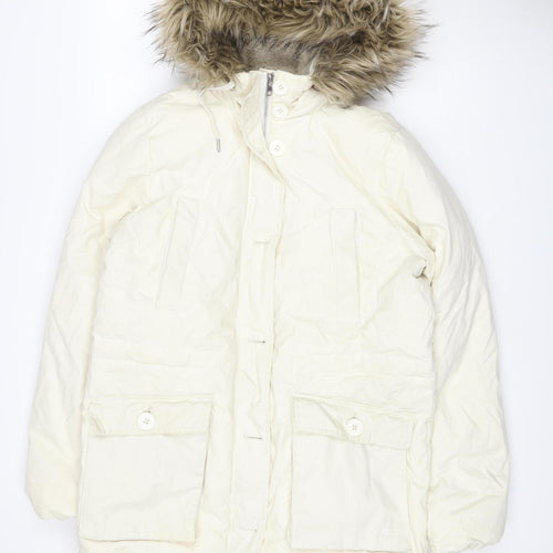 Jack Wills Women's White UK 12 Fur Trim Hooded Parka Coat