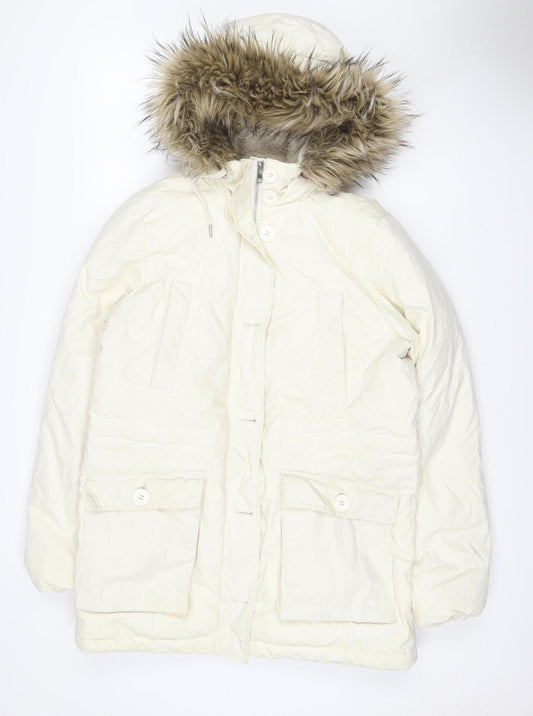 Jack Wills Women's White UK 12 Fur Trim Hooded Parka Coat