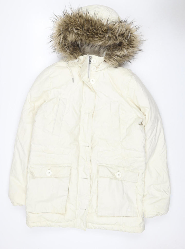 Jack Wills Women's White UK 12 Fur Trim Hooded Parka Coat