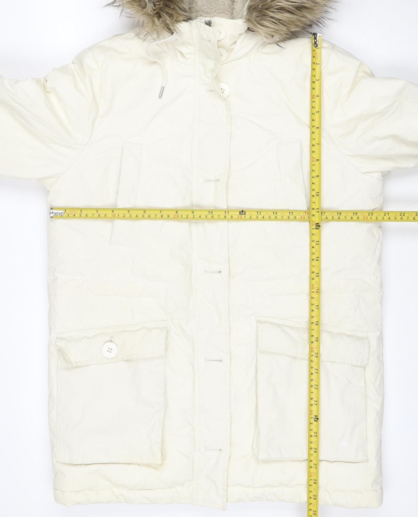 Jack Wills Women's White UK 12 Fur Trim Hooded Parka Coat