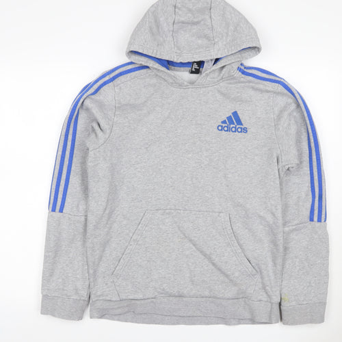 Adidas Men Grey M Pullover Hoodie Blue 3 Stripe Logo Sports Fleece