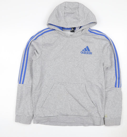 Adidas Men Grey M Pullover Hoodie Blue 3 Stripe Logo Sports Fleece