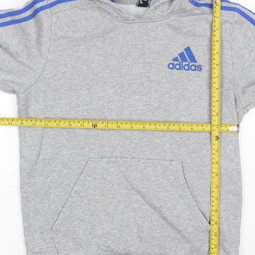 Adidas Men Grey M Pullover Hoodie Blue 3 Stripe Logo Sports Fleece