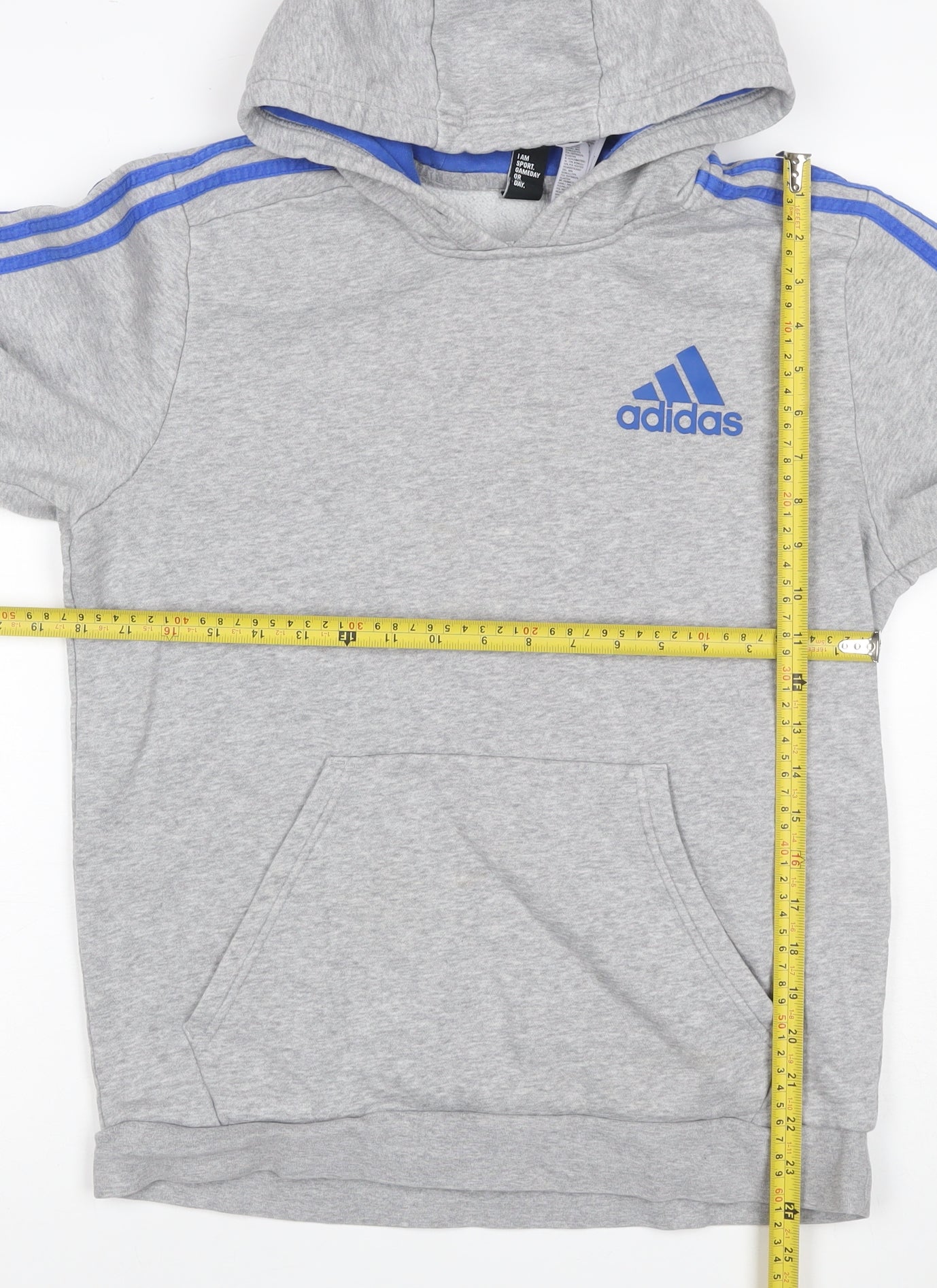 Adidas Men Grey M Pullover Hoodie Blue 3 Stripe Logo Sports Fleece