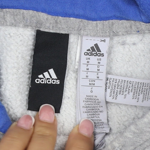 Adidas Men Grey M Pullover Hoodie Blue 3 Stripe Logo Sports Fleece