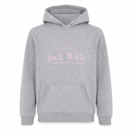 Front view of Jack Wills girls’ grey pink logo pullover hoodie 14-15 years