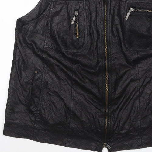 KJ Brand Women Black UK 22 Faux Leather Zip Pocket Sleeveless Waistcoat