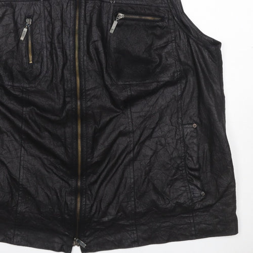 KJ Brand Women Black UK 22 Faux Leather Zip Pocket Sleeveless Waistcoat