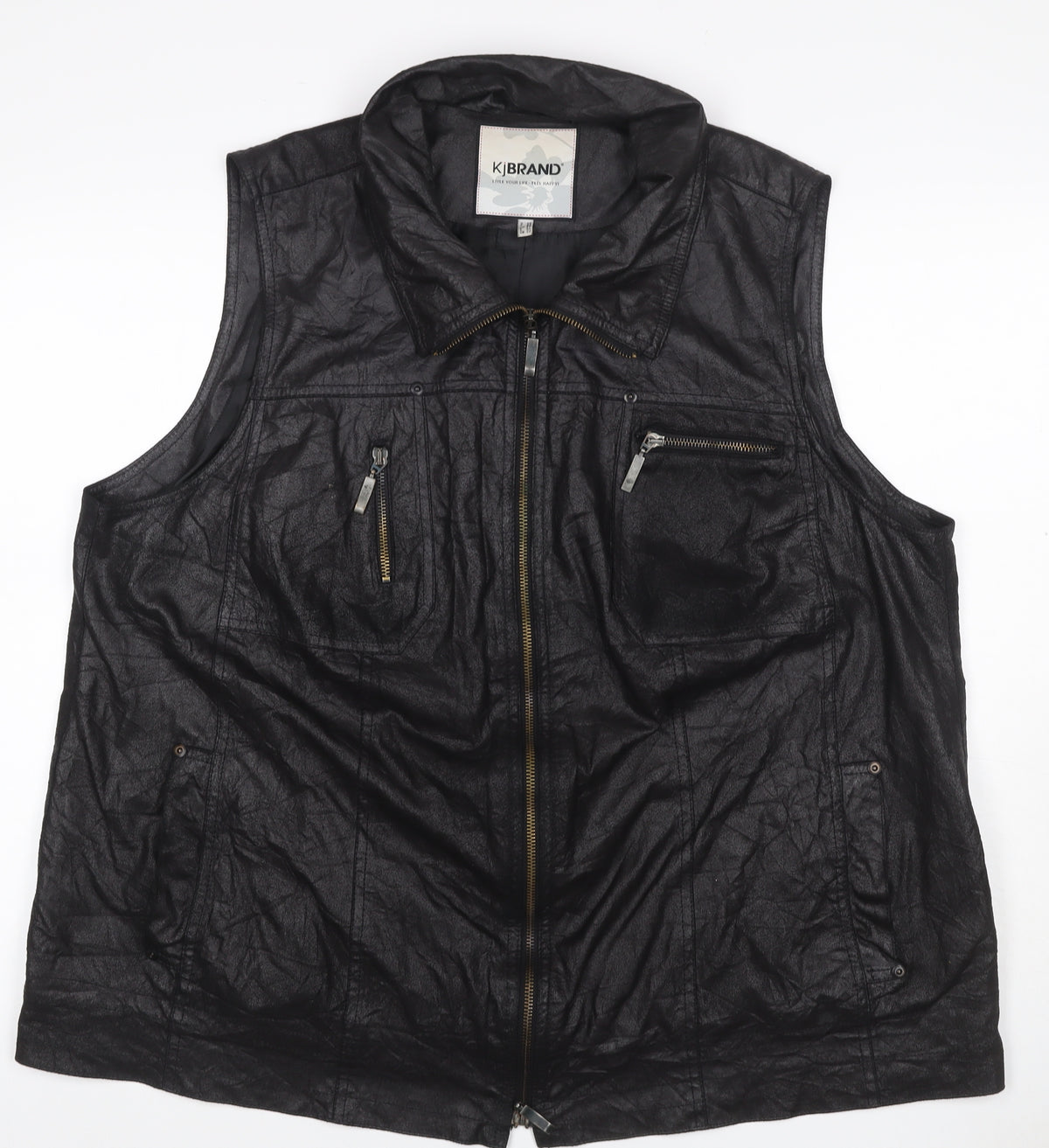 KJ Brand Women Black UK 22 Faux Leather Zip Pocket Sleeveless Waistcoat