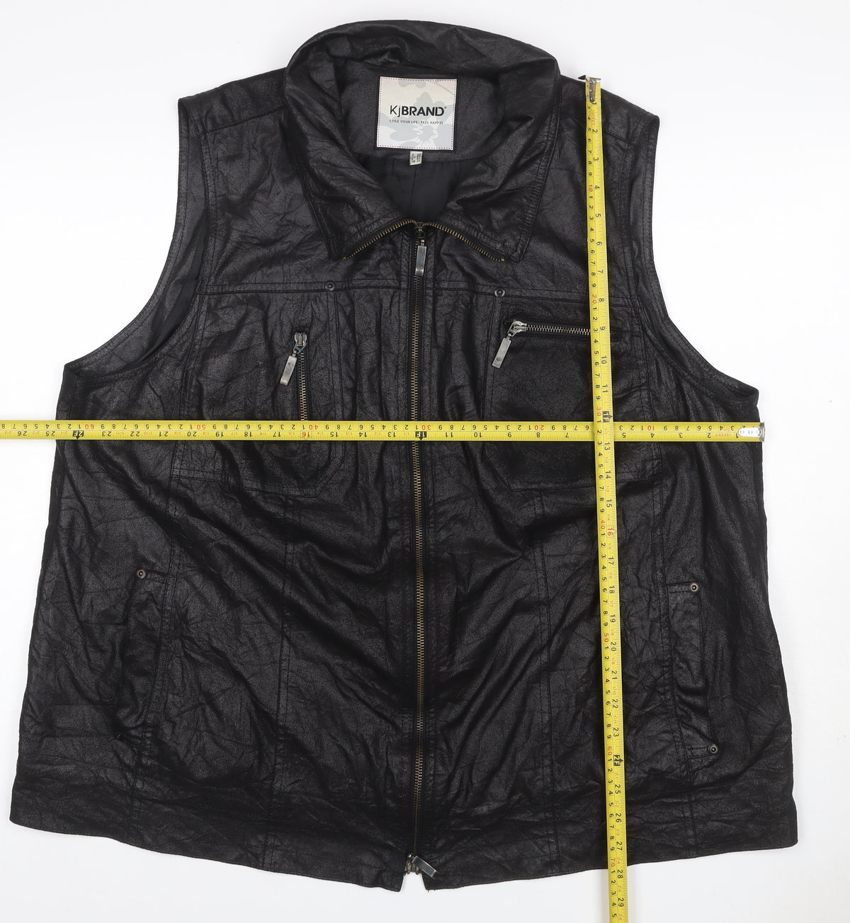 KJ Brand Women Black UK 22 Faux Leather Zip Pocket Sleeveless Waistcoat