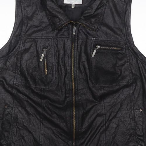 KJ Brand Women Black UK 22 Faux Leather Zip Pocket Sleeveless Waistcoat