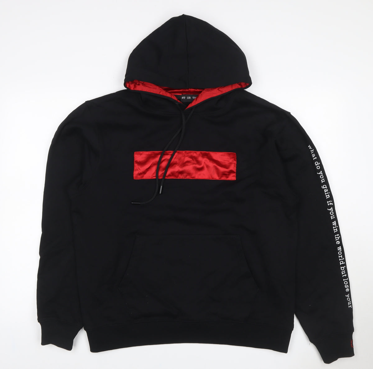 NT UR TRND Men's Black M Pullover Hoodie Red Satin Panel Quotes