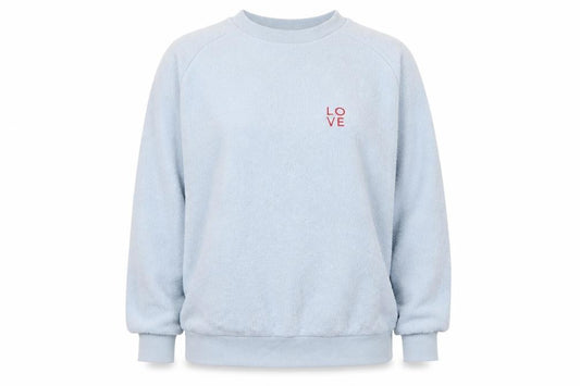Front view of Topshop Women Blue UK 8 Love Embroidered Fleece Pullover Sweatshirt