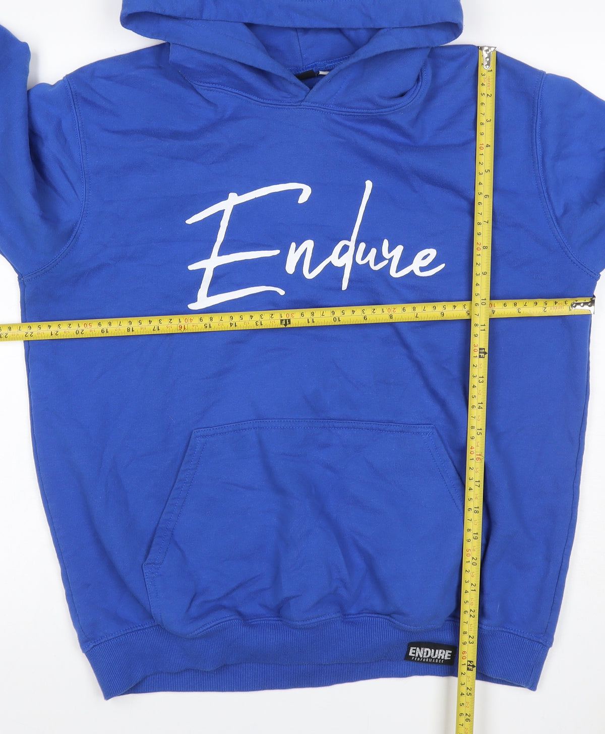Brand and care label for Endure Performance Men’s Blue XL Pullover Graphic Print Hoodie