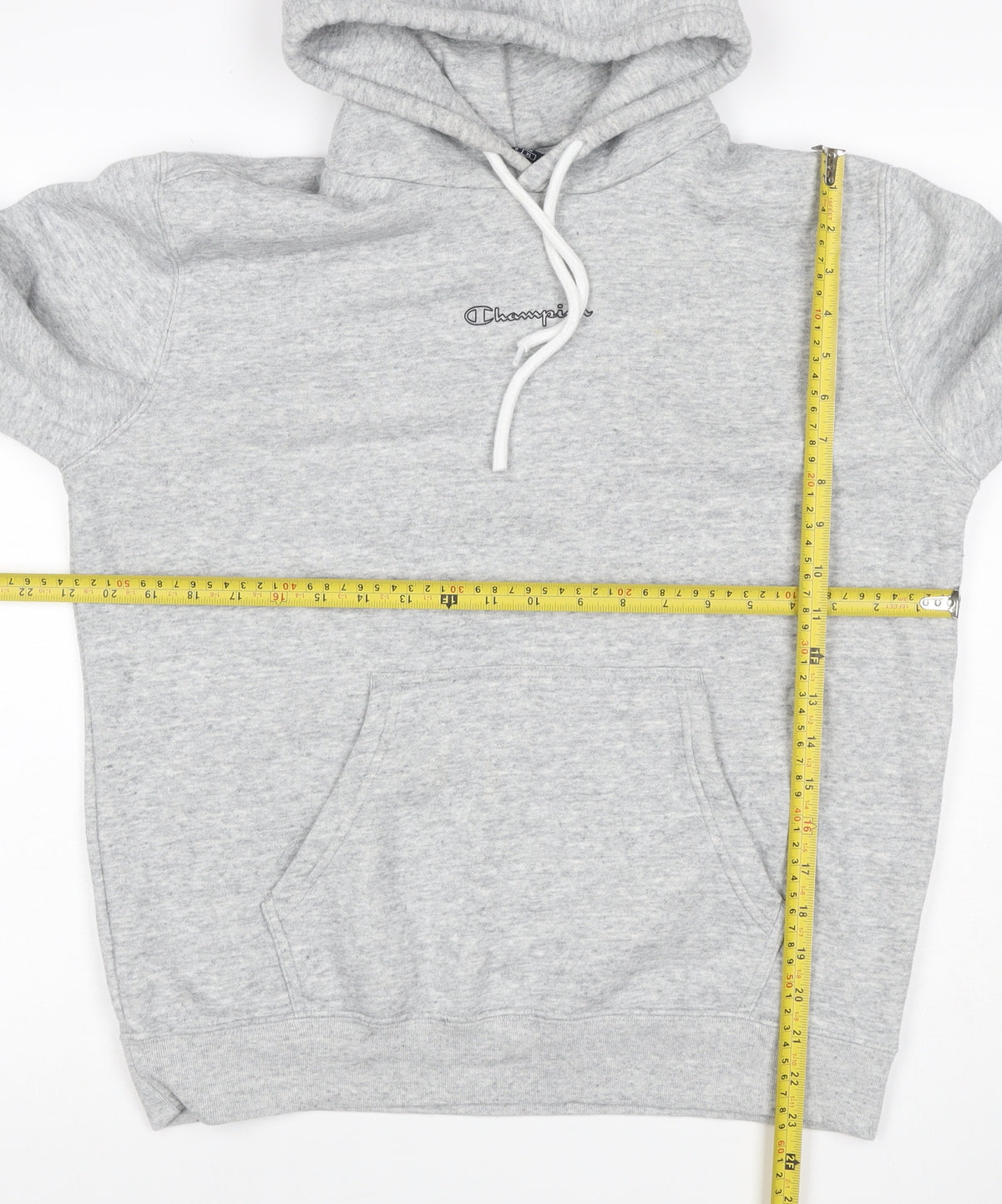 Brand and care label for Champion Women’s Grey Logo Pullover Hoodie, size L