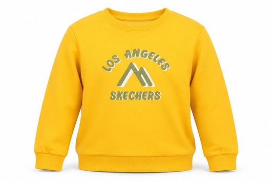 Front view of Skechers girls’ yellow logo pullover sweatshirt, size 8, years fleece