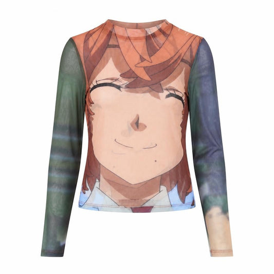 Front view of Bershka Women Multicoloured S Cropped Mesh Tokyo Revengers Anime Top
